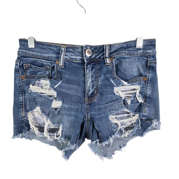Womens American Eagle Outfitters Blue Denim Midi Shorts Distressed Stretch 6 - Picture 1 of 10